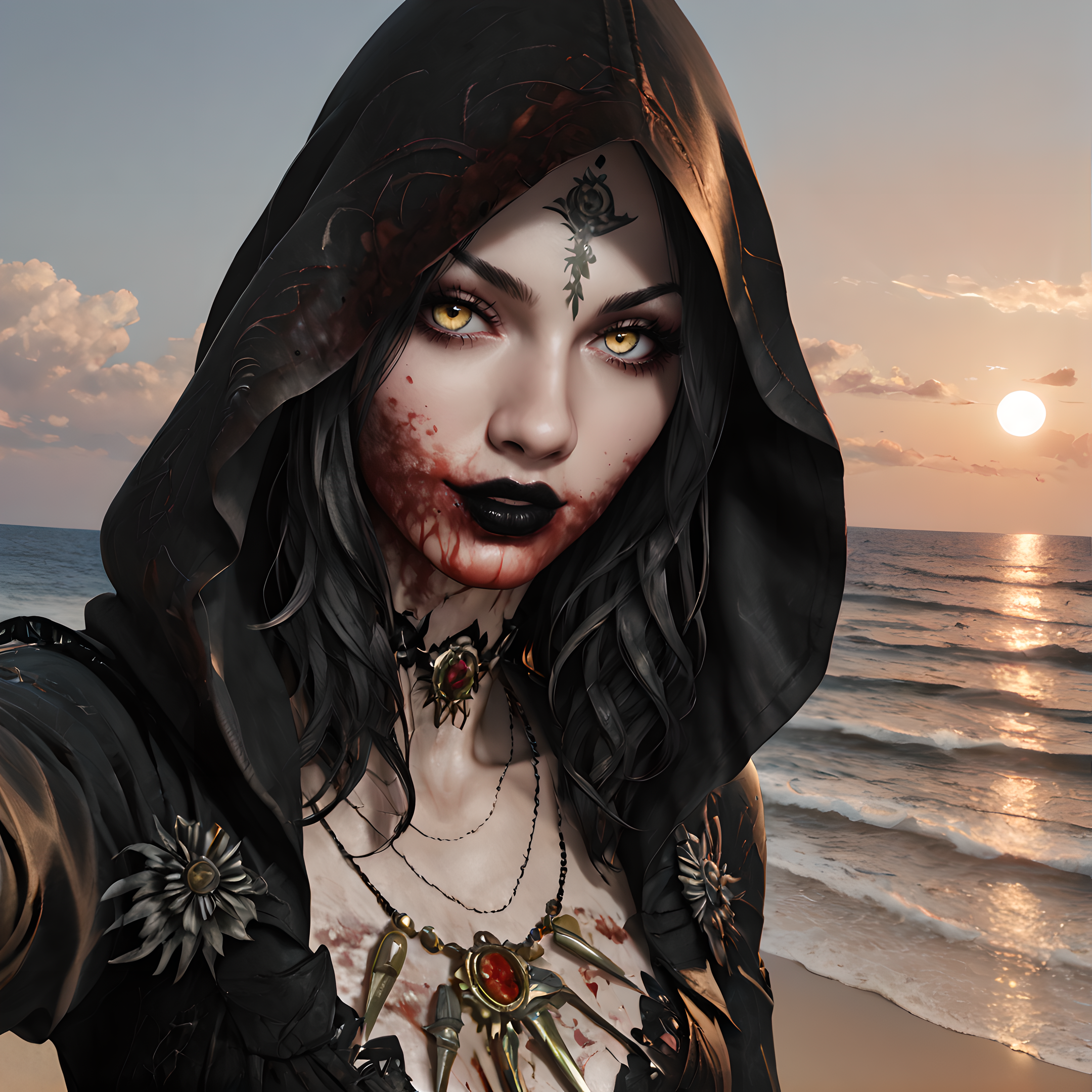 cassandra, 1girl, solo, hood, jewelry, blood, black hair, necklace, long hair, looking at viewer, hood up, yellow eyes, blood on face, dress, black lips, <lora:Cassandra_Dimitrescu_-_Resident_Evil_Village:0.9>
BREAK
level_9, level_8_up, level_7_up, level_6_up, level_5_up, source_cartoon, masterpiece
BREAK
on the beach, ocean, sun, water, selfie,