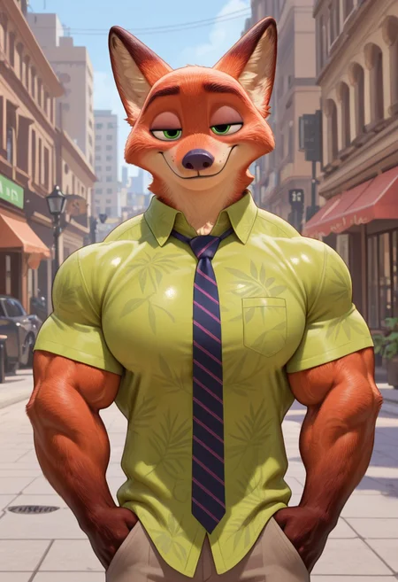 (masterpiece, best quality:1.2), amazing quality, very aesthetic, 32k, absurdres, extremely beautiful, newest, scenery, extra details, (sharp detailed:1.2),
solo, city street, sunny day,
green shirt, tie,  smiling, waking toward camera,
(anthro:1.5), (nickwilde:1.2, male anthro fox), two tone fur, fox ears, red fur, white fur, green eyes,
 <lora:Furry_Anthro_Lora_Nick_Wilde_Zootopia:0.8>
Muscle, bigger_muscles, large_muscles, hyper_muscles, huge_muscles,hyper muscles, huge_muscles, biceps, enormous_muscles, huge_biceps, huge_pecs; inflated_muscles, muscleblimp, gigantic_pecs, gigantic_biceps, gigantic_muscles, massive_muscles, massive_biceps, massive_pecs, muscular_chest, gigantic_body