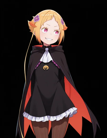 <lora:Capella Illu v3:1>
capell4, multicolored hair, blonde hair, orange hair, pink eyes, thick eyelashes, short hair,
black dress, brown pantyhose, vertical-striped pantyhose, frills, white ascot, black cloak, cape, two-sided fabric, crescent pendant, flower hair ornament,
standing, looking to the side, grin,
(simple background:1.4), (black background:1.4)
<lora:Meili Illu_1:0.8>, masterpiece, best quality, amazing quality
