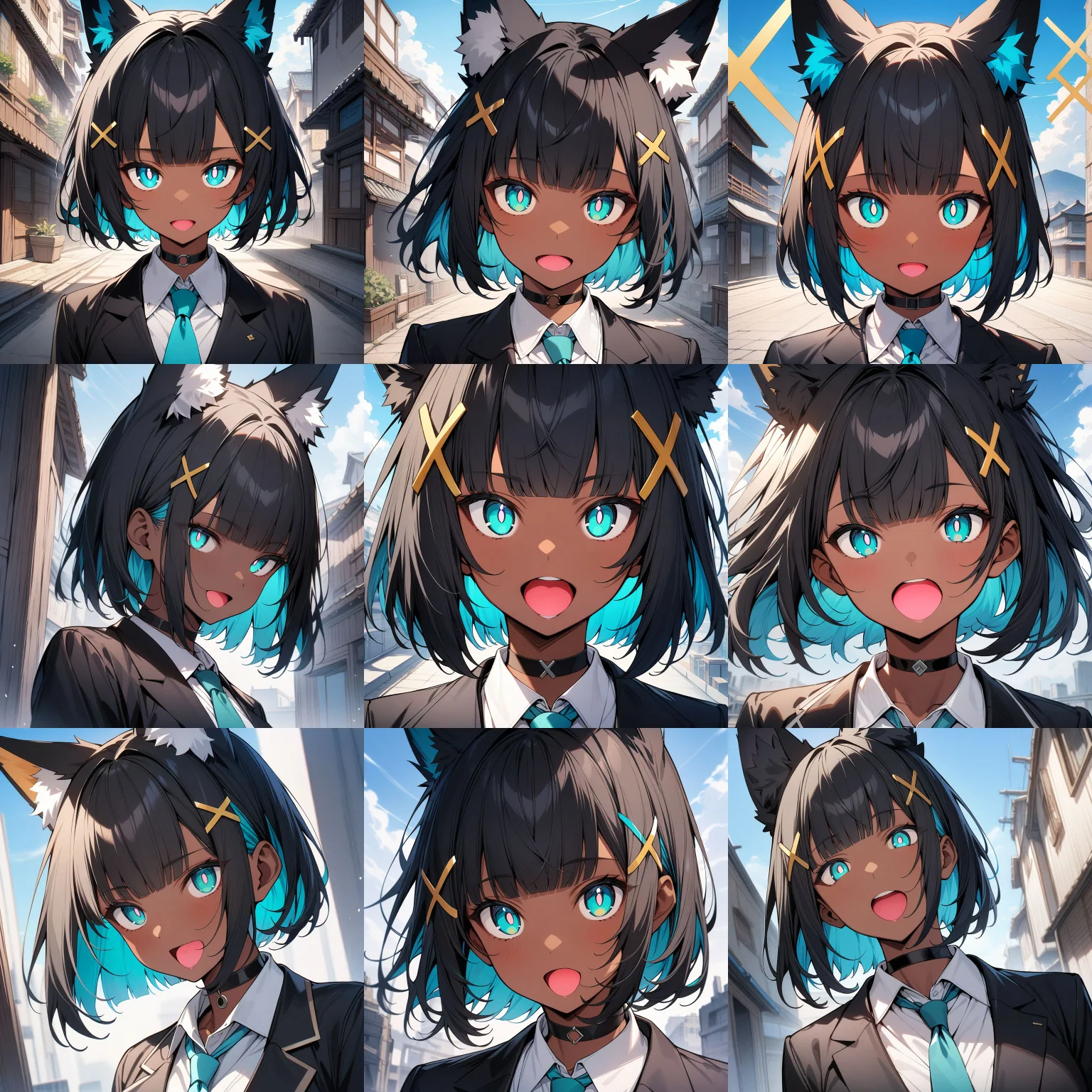 masterpiece,best quality,1girl,dark skin,dark-skinned female,black hair,bangs,blunt bangs,blue inner hair,short hair,yellow x hair ornament,fox ears,white pompom in ears,aqua eyes,white pupils,bright pupils,black choker,(black blazer:1.1),white shirt,aqua tie,sky,detailed background,face focus,<lora:kb_sdxl_a_mouth_lora:2>,