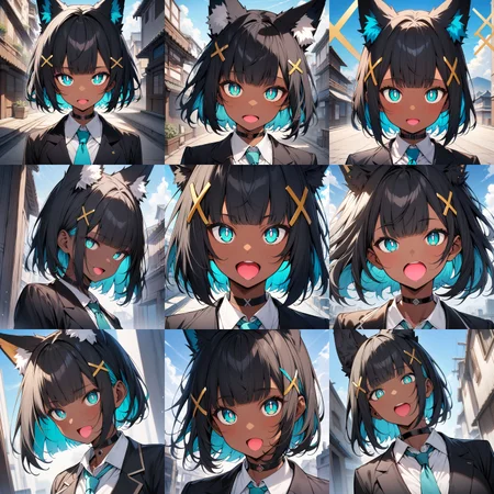 masterpiece,best quality,1girl,dark skin,dark-skinned female,black hair,bangs,blunt bangs,blue inner hair,short hair,yellow x hair ornament,fox ears,white pompom in ears,aqua eyes,white pupils,bright pupils,black choker,(black blazer:1.1),white shirt,aqua tie,sky,detailed background,face focus,<lora:kb_sdxl_a_mouth_lora:2>,