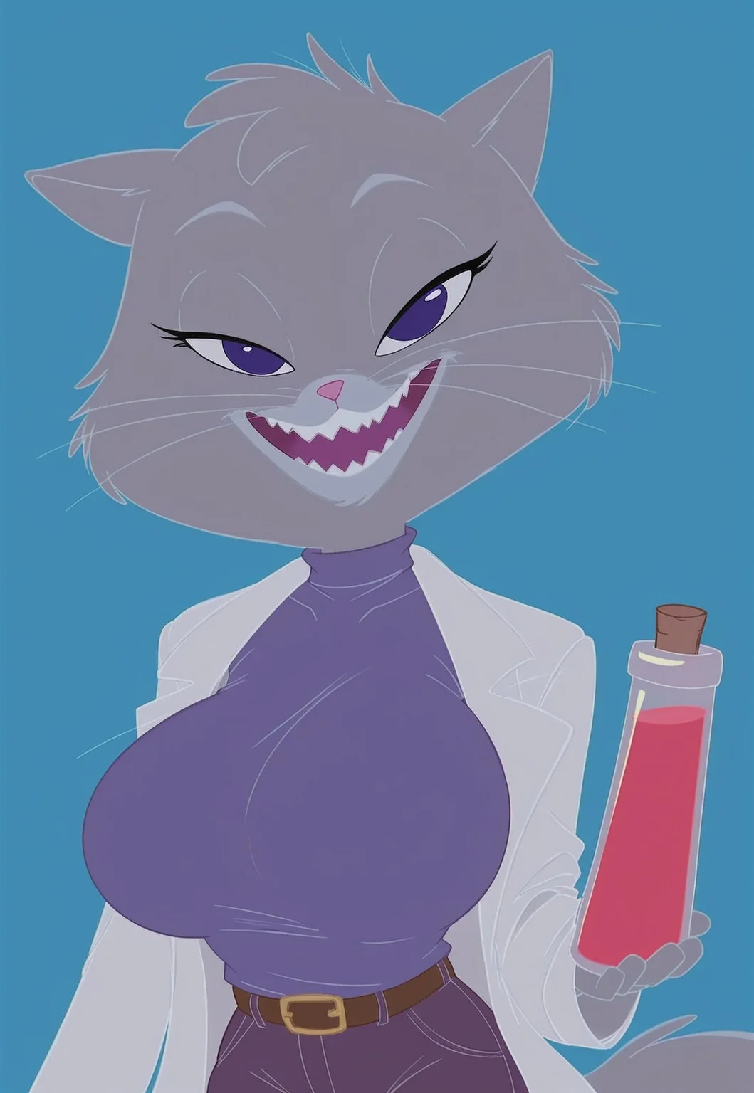 safe_pos, score_9, score_8_up, score_7_up, Expressiveh, masterpiece, best quality, highly detailed, realistic, zPDXL3, 1girl, solo, (CatYzma, furry, anthro, feline, female cat, grey body, grey fur, dark-purple eyes, pink nose, 3 whiskers, fluffy tail, evil smile, sharp teeth), open mouth, looking at viewer, smile, bedroom eyes, ((((blue background, simple background)))), big breasts, covered breasts, voluptuous female, upper body, standing), ((lab coat, purple shirt, purple pants, clothed, vile, holding vile))