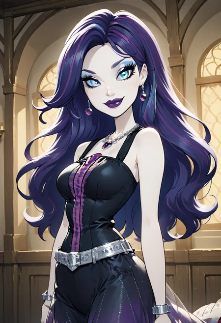 masterpiece, best quality, solo, curvy, beautiful eyes, narrow waist, wide hips, 1girl, solo, smile, looking at viewer, foreshortening, close up, anime screenshot, ,<lora:SpectraVondergeistMH_IXL:1.0>, zzSpectra, blue eyes, blue hair, long hair, multicolored hair, purple hair, streaked hair, two-tone hair, pale skin, makeup, jewelry, earrings, lipstick, dress, necklace, eyeshadow, bracelet, purple lips, C0utur3Cr4z3, <lora:CoutureCraze_IXL:0.3>,, smile, looking at viewer, zzHyp3r, upper body, backlighting, <lora:HyperHighlight_IXL:0.8>,