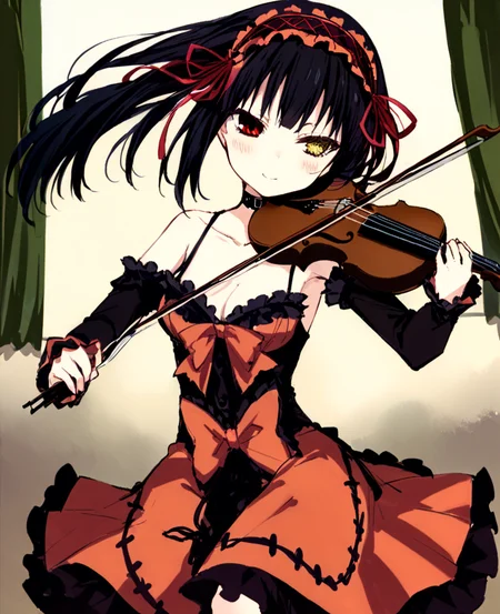 <lora:xtq:0.7>,violin,instrument,playing instrument,holding,bow \(music\),holding instrument,<lora:Vincent_Sketch_Manga:1>,daiton,<lora:san:1>,1girl,tokisaki_kurumi,solo,twintails,breasts,clock_eyes,long_hair,black_hair,yellow_eyes,red_eyes,heterochromia,cleavage,medium_breasts,hairband,lolita_fashion,lolita_hairband,symbol-shaped_pupils,floating_hair,collarbone,choker,ribbon,bare_shoulders,red_ribbon,dress,flowing hair and clothes,early morning,bedroom,willow,window,smile,, masterpiece,best quality,very aesthetic,absurdres,8k,<lora:ä¿®æsl:1>,