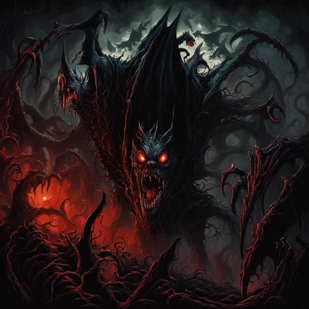 horrible terrors lurking from darkness by dnmumfrd <lora:dan_mumford_v1:1.1>, danger, chaos, nightmare