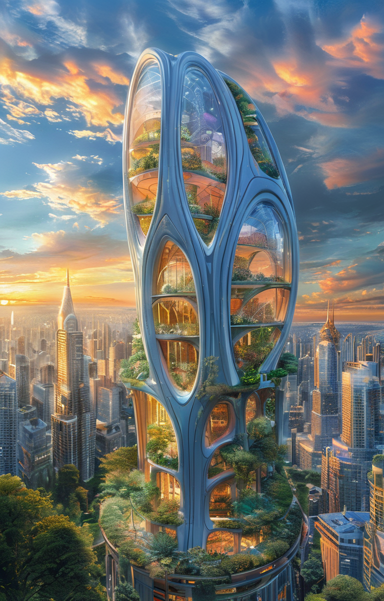 masterpiece,best quality,<lora:tbh303-sdxl:0.9>,illustration,designed by Vincent Callebaut Futuristic skyscraper with organic shapes, inspired by Zaha Hadid, gleaming under a sunset sky