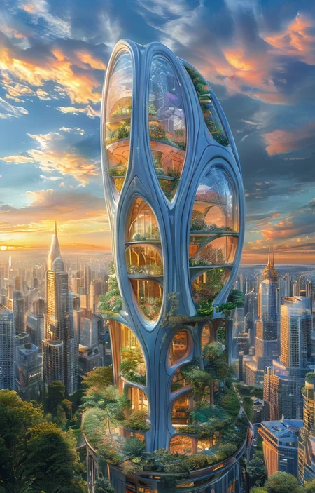 masterpiece,best quality,<lora:tbh303-sdxl:0.9>,illustration,designed by Vincent Callebaut Futuristic skyscraper with organic shapes, inspired by Zaha Hadid, gleaming under a sunset sky