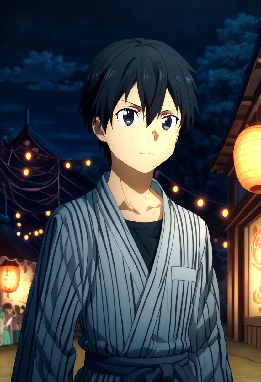 high resolution, solo, best quality, 1Boy, Kazuto Kirigaya, Black Hair, Black Eyes, Wearing festival yukata, cheerful face, glowing lantern background.,