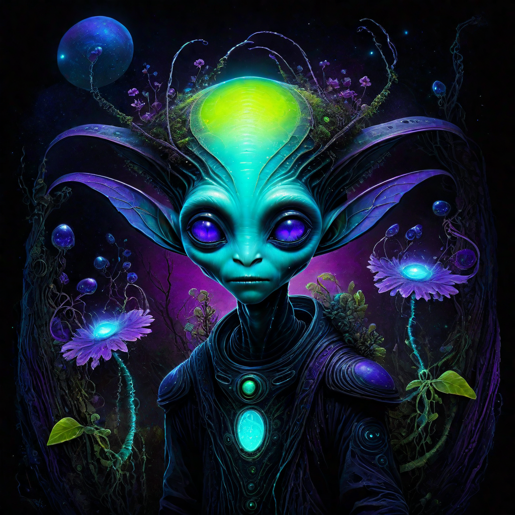 albedo, echelier, dpmpp2msde karras, alien male, Storybook fantasy meets dark surrealism, Digital painting with hand-drawn textures, Bioluminescent rim lighting, Gently pulsating neon flora, Otherworldly Bioluminescence alien_wanderer, <lora:artfully_YOUNGALIEN_SDXL:0.8>,
