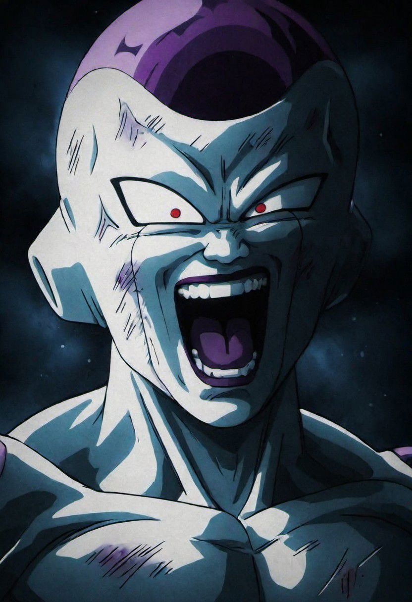 (best quality, masterpiece, detailed, highly detailed face) of a haunting scene with Freezer smile  in a battle . Emphasize atmosphere, high contrast, and interplay of shadow and light, colorful, detailed face perspective from below