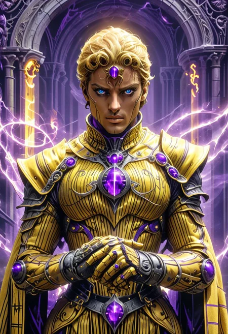 Jojo Style, yellow and translucent purple lines By Bw-grignani, Made of bold lines, bold perfect aligned emphasis lines rough linen knightess with Lots of Details, hellgate London spell rings, casting two spell rings, rings at each hand, high Quality, intricate, maximum resolution, hyper detailed, vertical lines, horizontal lines, Knightess Silhouette shrouded in colours,