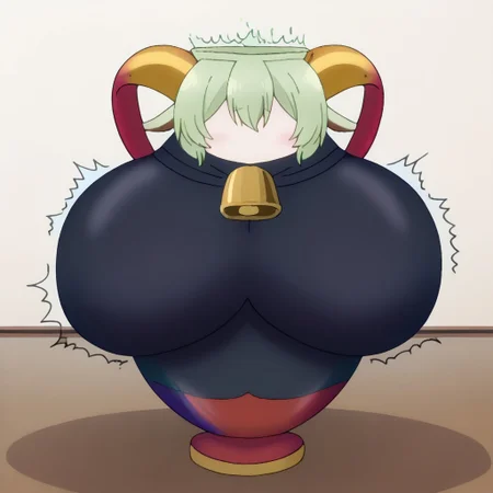 Anime, Solo, 1girl, Femmy, green hair, (((dragon tail))), black hoodie,  clothed vase, (((goat ears))), (((horns))), black vase clothes, (((living vase))), (((vase))), faceless, living object, (((inanimate object))), notice line, thought bubble, breast, (((trembling))), ?, !
