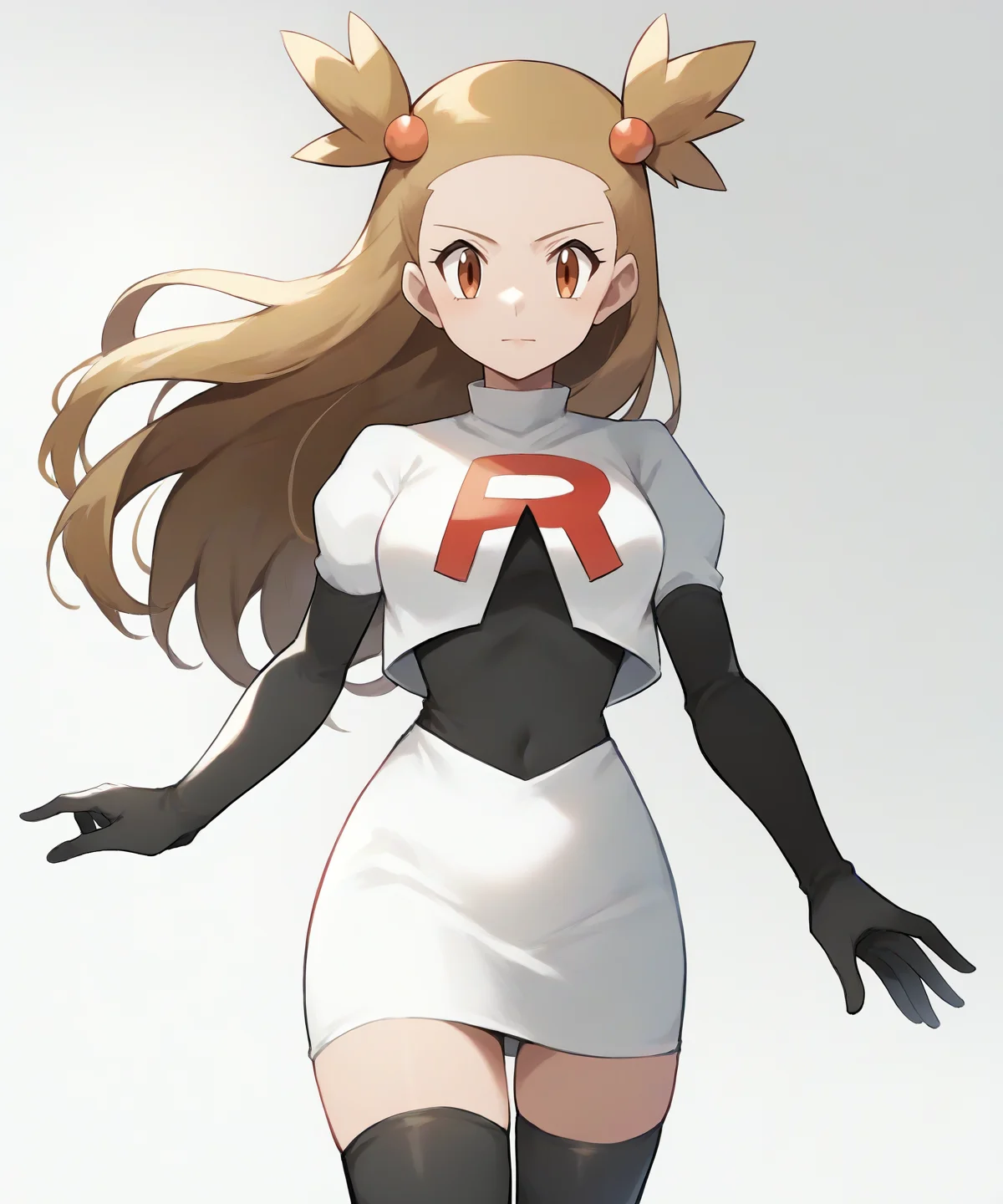score_9, score_8_up, 1girl,
good quality, masterpiece, mature female, ultradetail, anime, source_anime, aesthetic, (solo)
<lora:JasminePokemon-05:0.9>PokeJasmine, long hair, <lora:Cosplay_TeamRocket_P1:1> Cosplay_TeamRocket, team rocket uniform, white jacket, cropped jacket, white skirt, elbow gloves, black thighhighs, zettai ryouiki,