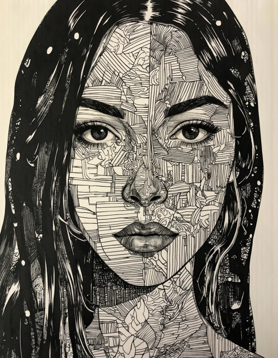 An abstract portrait of a women filled with geometric patterns.