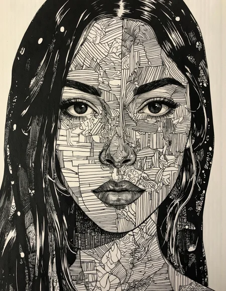 An abstract portrait of a women filled with geometric patterns.