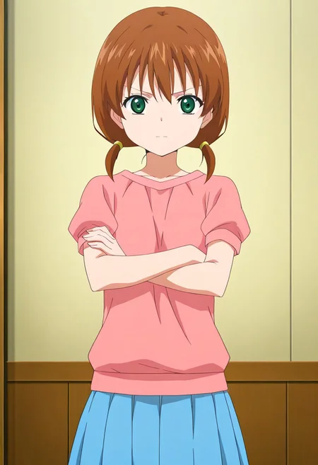 stand up, cowboy shot, front view, looking at viewer, score_9,score_8_up,score_7_up, anime screencap, anime coloring, ultra detailed anime, detailed anime, screencap, source anime, masterpiece, detailed anime, 1girl, solo, green eyes, brown hair, skirt, twintails, blue skirt, pink shirt, short sleeves, short twintails, closed mouth, short hair, arm up, low twintails. arms crossed,