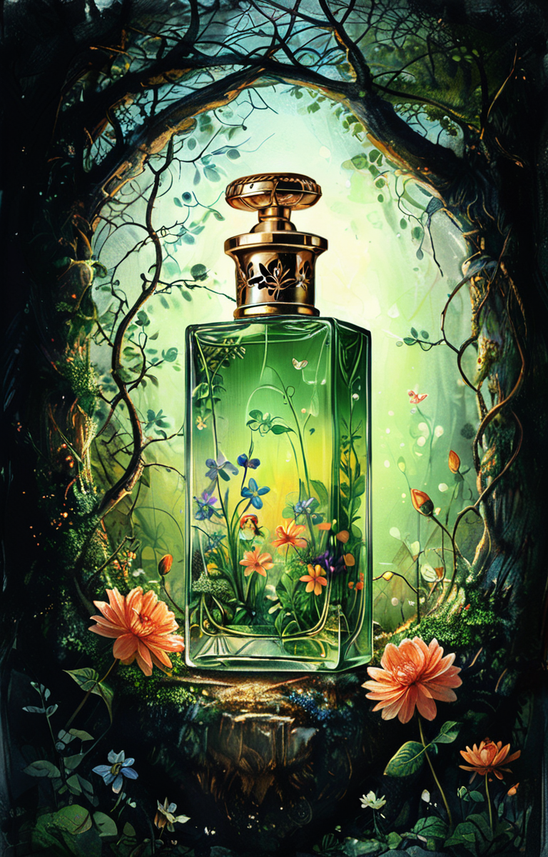 masterpiece,best quality,<lora:tbh21-sdxl:0.9>,illustration, A bottle of perfume in garden
