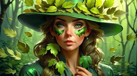 a woman with a green hat and leaves on her face and face paint on her face and hands, with shimmering paint under her eyes and upper cheeks, Charlie Bowater, trending on art station,  43stl1ght1ng, low light, dramatic lighting, darkness, , eye lighting,   Expressiveh  <lora:43stl1ght1ngXLP2:1>,<lora:Expressive_H:1>,<lora:Pony_DetailV1.0:1>