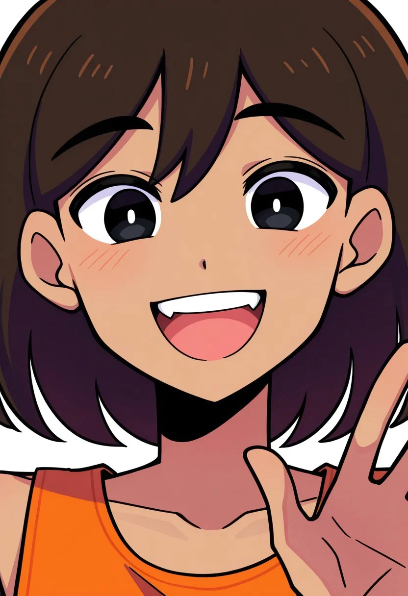 masterpiece, best quality, highres, yuunsfw, BREAK, 1boy, solo, kel /(omori/), dark-skinned male, brown hair, black eyes, orange tank top, looking at viewer, open mouth, smile, waving, portrait