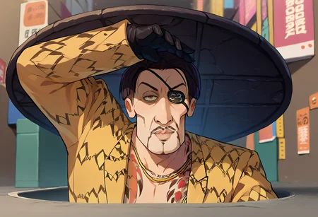score_9, score_8_up, score_7_up, 1boy, Majima everywhere, manhole cover, arm up, <lora:Majima everywhere 3-000008:1> majimaDEF, eyepatch, tattoo, necklace, jacket, animal print, open clothes, black gloves, handsomize <lora:majima-guy-PONYv1:1> <lora:handsomize_x_pdxl_v1:1>