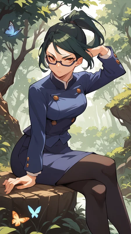 score_9,score_8_up,score_7_up,score_6_up, source_anime, girl, dynamic pose, butterfly sitting, <lora:Crestyle_epoch_9:0.7>, crestyle, artstyle, <lora:Maki Zenin - Pony:0.8> dark green hair, ponytail, glasses, brown eyes, jujutsu uniform, blue jacket, blue skirt, black leggings, nature,