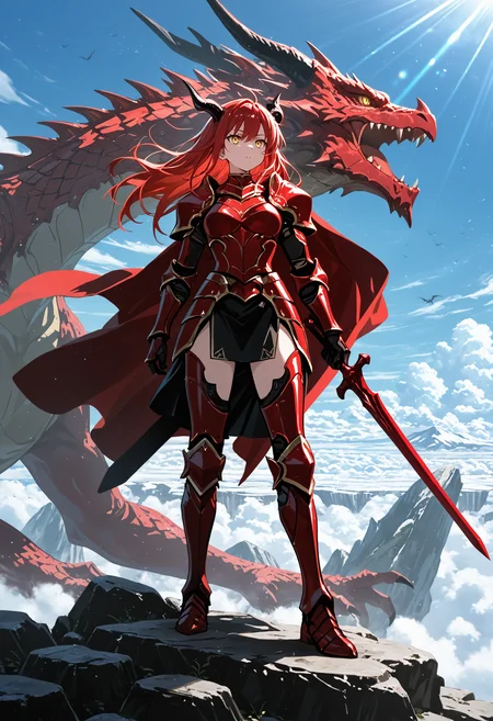 masterpiece,best quality,amazing quality,very aesthetic,absurdres,newest, 1girl, red scaled armor, red cape, horned armor, full body, standing, red hair, yellow eyes, looking ahead, pointing sword, high up, rock, above clouds, clouds, blue sky, dragon in background, dragon head, red dragon, floating hair, floating clothes, fantasy, outdoors, day, light rays,
anime coloring,