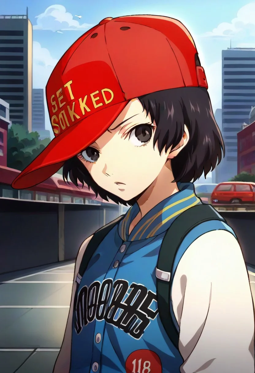 source_anime, highly detailed, shinya,, hat, solo, baseball cap, jacket, black hair, black eyes, short hair, upper body, letterman jacket, red headwear, outdoor, city, street,,,,,,,,,,,,,anime coloring, anime screencap, 1girl,Solo ,, anime,PUFFY nipple,, Uncensored ,Unedited ,,,,,,, ,,,