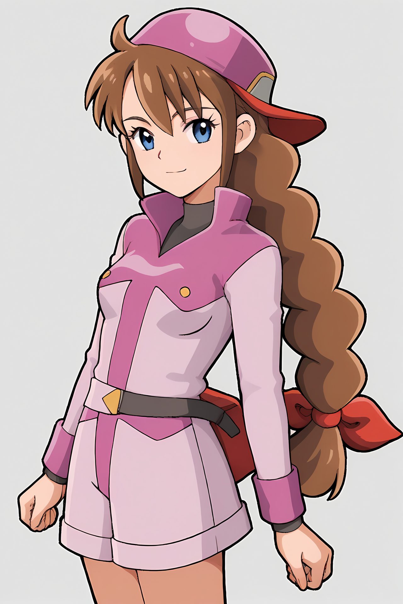 (:1.30), cra-liv, pink cap, backwards cap, blue eyes, brown hair, single braid, bangs, red hair ribbon, 
medium breasts, 1girl, solo, skinny, (source_anime, score_9, score_8_up, score_8, score_7_up), score_7, score_6_up, score_6, score_5_up, score_5, 
(light smile:1.10),
(simple background:1.10),
(standing:1.60), (:1.10),
<lora:cra-liv-V03-000004:0.90>