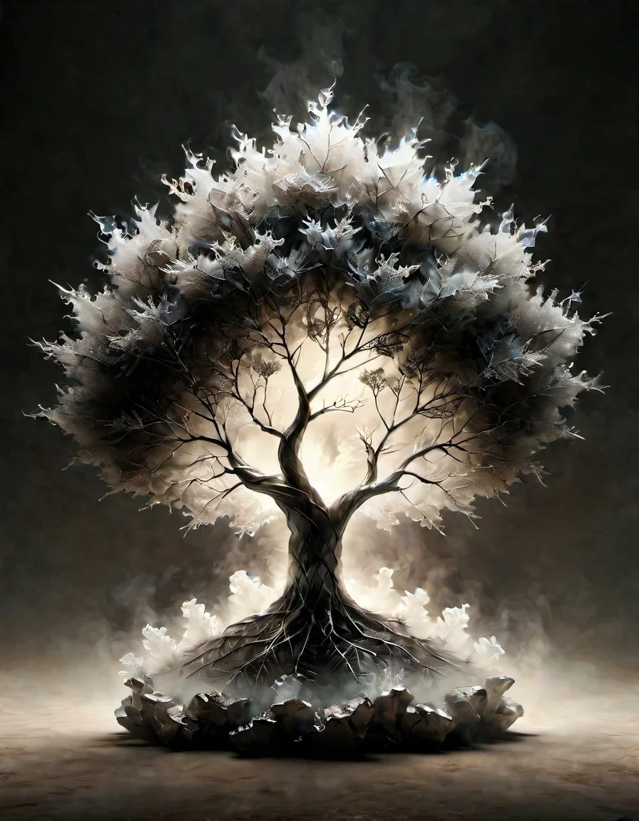 landscape of a Drab (The Burning Bush:1.2) , Bathed in shadows, exploration of texture and materiality, minimalist, interactive experiences, Italian Neo-Expressionism, surrealism art stylized by Allen Williams, sci-fi, moody, modernist, <lora:sdxl_lightning_8step_lora:1>, <lora:ral-milkyglass:0.95> made out of ral-milkyglass, fine polished, ambient illumination, epic, dynamic dramatic atmosphere, cinematic atmosphere