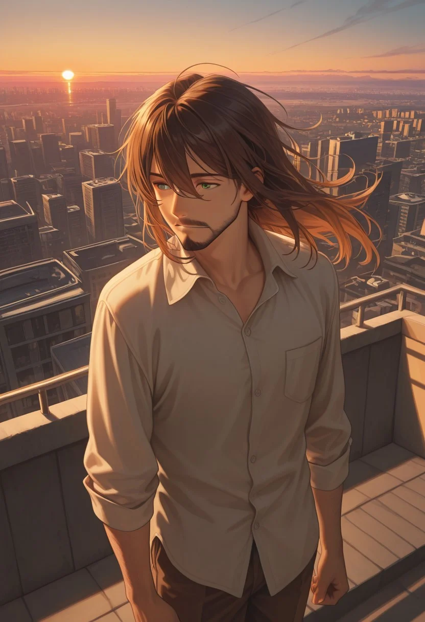 1boy, mbti_infp, mature man, long brown hair, green eyes, standing on rooftop, looking at sunset, city skyline, golden hour, wind, pensive, calm, aesthetic, epic view, highres, masterpiece, best quality