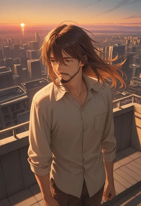 1boy, mbti_infp, mature man, long brown hair, green eyes, standing on rooftop, looking at sunset, city skyline, golden hour, wind, pensive, calm, aesthetic, epic view, highres, masterpiece, best quality