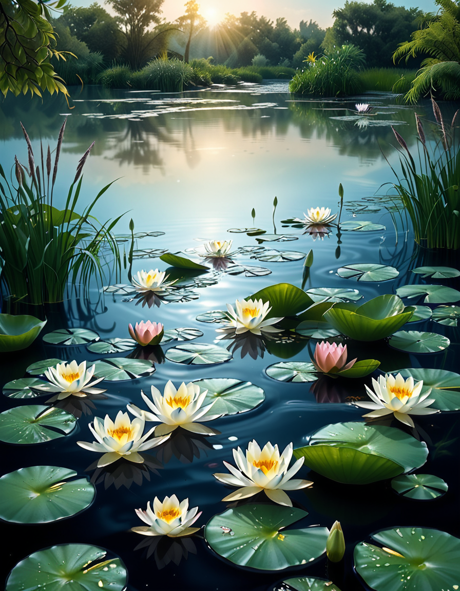 A highly detailed and realistic photograph of a serene lily pond surrounded by lush greenery. The calm water reflects the soft sunlight filtering through the overhanging trees. The surface is adorned with vibrant green lily pads, some with delicate pink and white water lilies in full bloom. A few dragonflies hover above the water, their wings catching the light. Gentle ripples create subtle distortions in the reflection of the sky and foliage. In the background, a dense array of reeds and aquatic plants frame the pond, adding depth and texture. The soft golden glow suggests late afternoon or early evening, enhancing the tranquil and picturesque atmosphere. The composition is balanced, drawing the viewerâs eye toward the natural beauty of the water lilies and their intricate details.
 <lora:SDXLFaeTastic2400:0.4> <lora:extremely_detailed:0.4> extremely detailed,<lora:lily_p0nd:1>,lily p0nd, Masterpiece,best quality,hi res,8k,hi res,8k,award winning,(sharp focus, intricate, highly detailed),