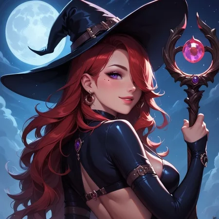 1girl, illustration, looking at viewer, highly detailed, looking at viewer, 1girl, masterpiece, best quality, ((((back view)))), source_photo, source_real, 1girl, solo, long hair, breasts, looking at viewer, witch skirt, witch hat, red hair, thighhighs, jewelry, purple eyes, belt, necklace, mole, lips, wavy hair, side slit, long skirt, realistic, long legs, curvy hips, detailed eyes, eye_focus, close-up, solo, looking_at_viewer,
BREAK
slight smile, looking at viewer, ((a staff with a luminous top:1.3))
long hair, red hair, hair over one eye, big hair, BREAK
best quality, depth of field, bokeh, (((full clothed)))
BREAK
((night, outdoors, sky, full moon background)) score_9, score_8_up, score_7_up, score_6_up, source_cartoon, rating_explicit, Expressiveh, ((((upper body))))), dynamic pose, dynamic pose
