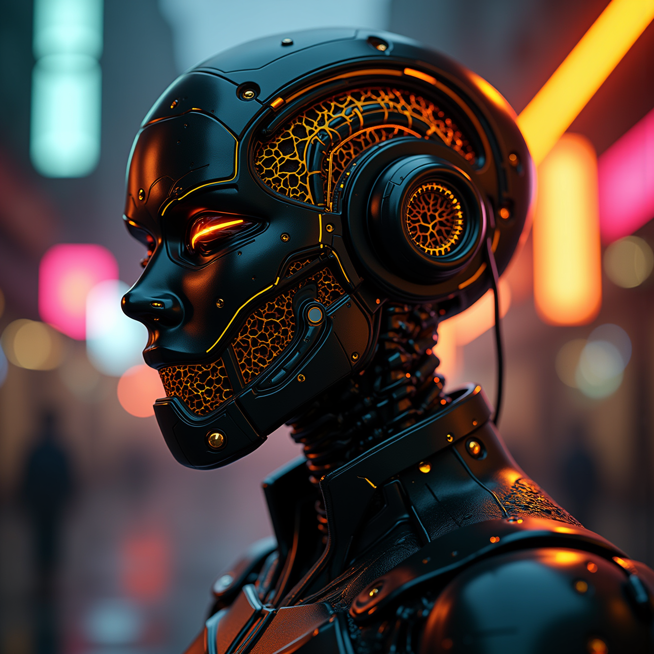 cinematic film still professional 3d model professional 3d model concept art (style of Android Jones), (visionary art), (man portrait) ((A black and gold, humanoid bounty hunter, clad in a reinforced exoskeleton and adaptive techwear, stalking their prey through the dark, neon-lit alleyways of a cyberpunk city), (cyborg head),()  infinite (fractal:1.3), abstract dream, wild, complex, neuronal network, (extremely detailed:1.6), photorealism, sharp focus, (masterpiece:1.4), 4k octane render, (vibrant colors:1.2) macro (((symmetrical head outlines))) . glitch effect, VHS quality, disintegrating pixelated into surrealist background  . octane render, highly detailed, volumetric, dramatic lighting . octane render, highly detailed, volumetric, dramatic lighting  . shallow depth of field, vignette, highly detailed, high budget, bokeh, cinemascope, moody, epic, gorgeous, film grain, grainy