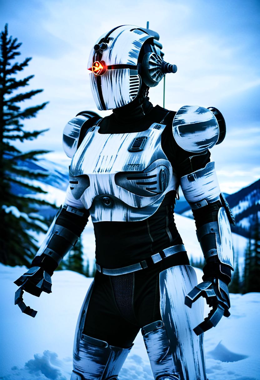 easynegative, extremely detailed, dark, chiaroscuro, low-key, AssaultronCosplay, zavy-strps, a white assaultron robot, ((the assaultron has grey stripes painted on its armor)), ((tiger stripe pattern)), in the mountains of Alaska, snow