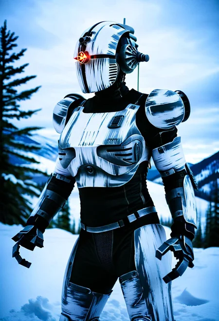 easynegative, extremely detailed, dark, chiaroscuro, low-key, AssaultronCosplay, zavy-strps, a white assaultron robot, ((the assaultron has grey stripes painted on its armor)), ((tiger stripe pattern)), in the mountains of Alaska, snow