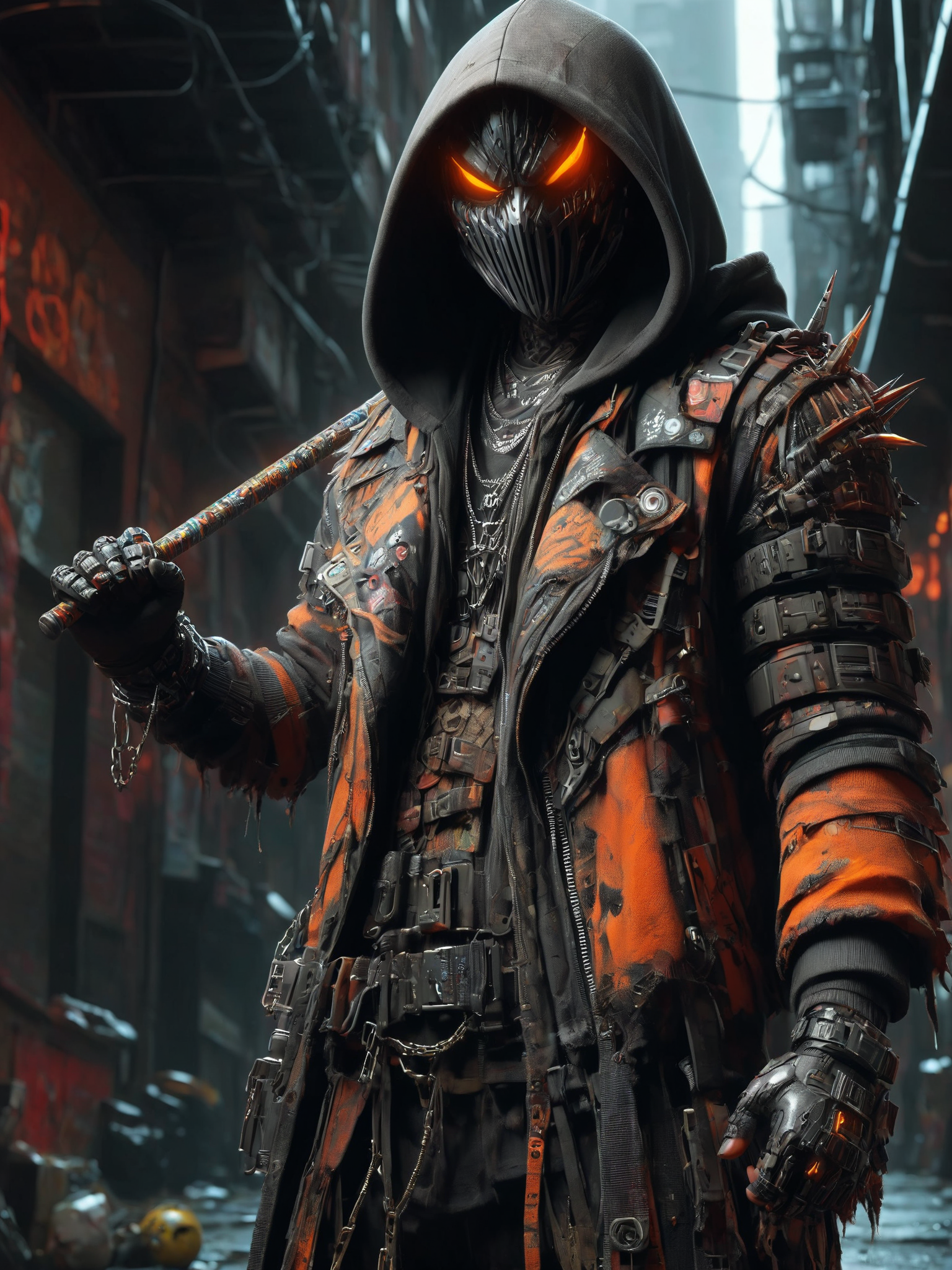 cinematic shot, dramatic lighting, man, mad-hllwnrs, hoodie, dynamic pose, (holding spikeclub:1.3), dimly lit, futuristic urban alleyway, garbage, filith, neon lights, graffiti-covered walls <lora:Neon_Cyberpunk_SDXL_Halloweener:0.8>, (masterpiece:1.2), best quality, (hyperdetailed, highest detailed:1.2), high resolution textures