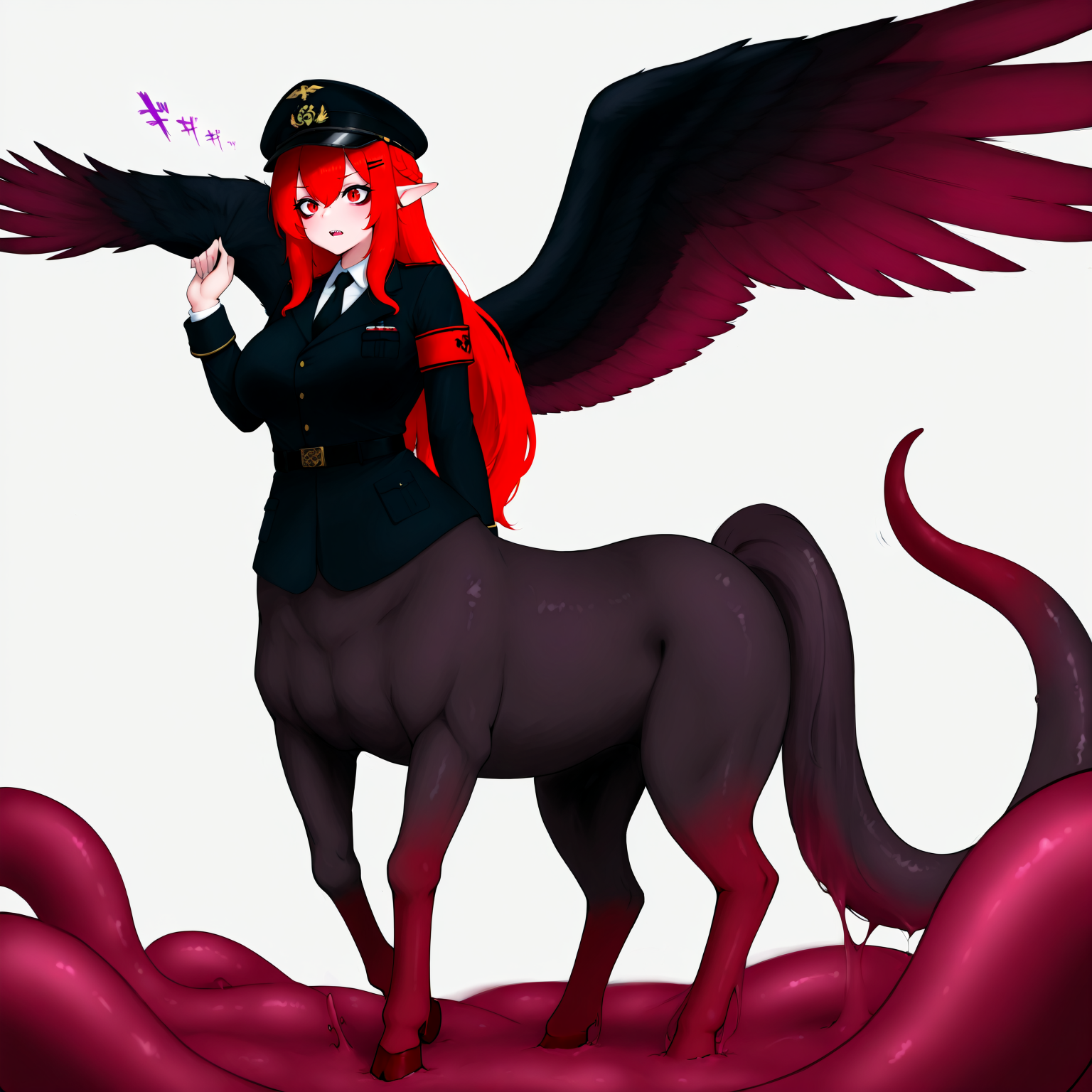 masterpiece, best quality, amazing quality, very aesthetic, absurdres,  newest, scenery,, 1girl, 1girl, 1girl, 
solo, red eyes, red hair, long hair, braid, crown braid, sidelocks, hair ornament, large breasts, lamia, harpy, centaur, scylla, mermaid, arachne solo, squidlegs, tentacles, monster girl, tentacle hair, pointy ears, sharp teeth, eldritch abomination, menacing, flappy sleeves, long sleeves, loose sleeves, military hat, military jacket, breasts, tentacle grab, feathered wing, simple background, jacket, wings, black necktie, white background, necktie, taur, hairclip, hair between eyes, teeth, hat, uniform, military uniform, feather, military, detached sleeve, black sleeve cuffs, black headwear, very long hair, open mouth,
focused, hand_on_own_arm, impending_doom, Low angle (from behind:1.1) view Close shot (focus on knees:1.1), lower back, and upper thighs. In front of the centaur there is a girl named Rin from 'dungeon meshi' wearing a black jacket with white shirt underneath and a black cap. The centaur has very long tentacle hair growing out of its head and feathered wings behind its back. The centaur's hooves are visible on the ground beneath it. She stands with her hands on her hips looking at the viewer with a stern expression. A huge gray centaurus with a huge red horse's tail instead of legs is standing in front of the viewer holding his tail with one hand and pulling it up with the other. She has long red hair and red eyes. The background is solid white color., vise-ss4, masterpiece, best quality, amazing quality, very aesthetic, absurdres,  newest, volumetric lighting, scenery, <lora:last-000004:1.0>