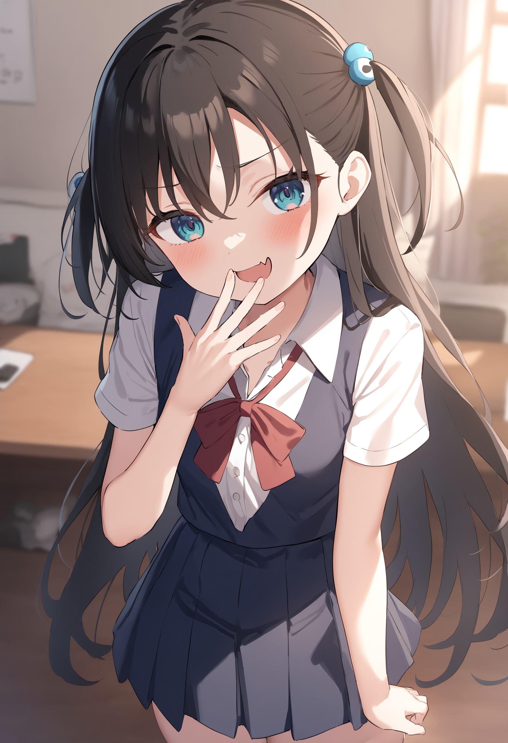 1girl,sincos, ningen mame, toosaka asagi,solo,medium breasts,school uniform,short sleeves,
mesugaki, smile, looking at viewer, blush, hand up, skin fang,<lora:mesugaki_XL_v1:1>
best quality, very aesthetic, absurdres