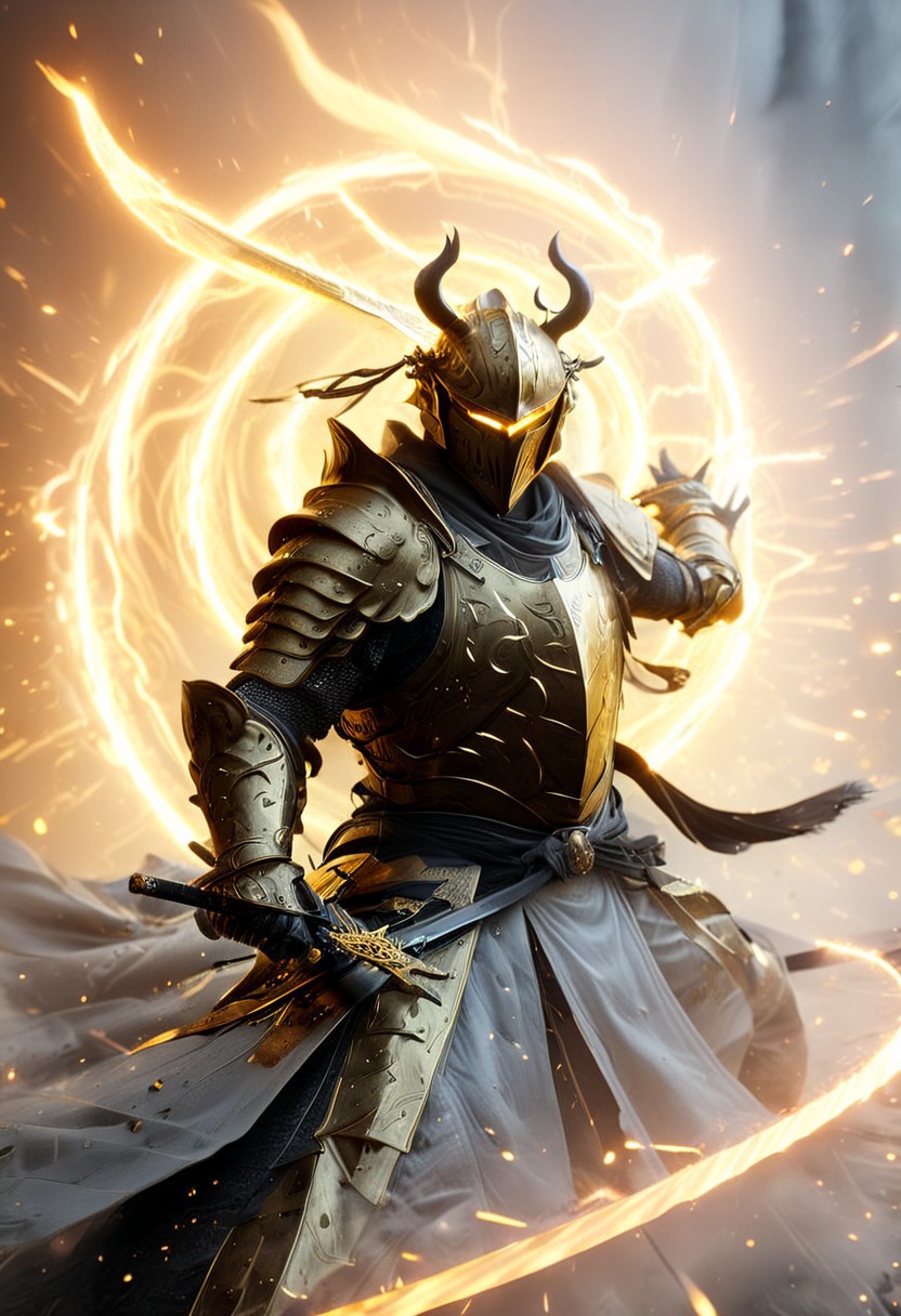 1man, armored samurai in golden samurai armor, wearing samurai helmet and armor,  golden fire, wielding dual swords:1.2, brave perspective, reflection, glowing golden fire, golden lightning shatter, , glowing sword, motion blur, emphasis line, outdoor in the darkness, looking at viewer, katanas
