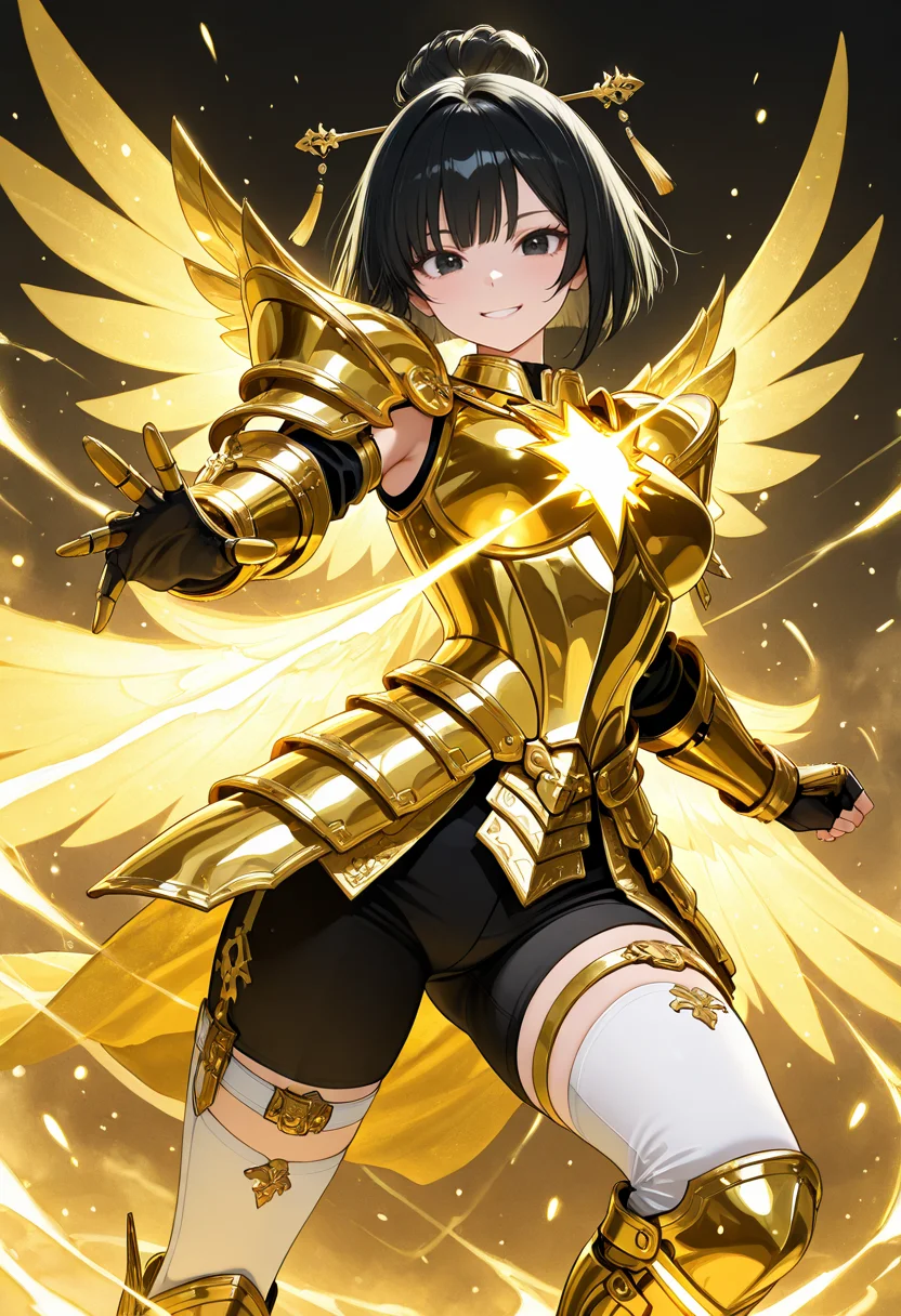 masterpiece,best quality,amazing quality, very aesthetic, ((outlined outlined vector graphics)), cute face, (glow eyes:0.5) , from front, looking at viewer ,detailed background,
1girl,
20yo, black hair, black eyes, short bob hair, hair pin,mdeium breast, slender,(white thigh strap:1.1),
,solo,cute face,
happy , golden armor, golden-mythril-armor , , glowing, glittering , fantasy, glimmering , pants , action pose, clothed <lora:golden-mythril-armor-il-01:0.8>