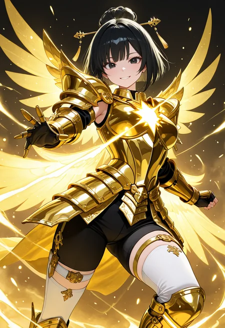 masterpiece,best quality,amazing quality, very aesthetic, ((outlined outlined vector graphics)), cute face, (glow eyes:0.5) , from front, looking at viewer ,detailed background,
1girl,
20yo, black hair, black eyes, short bob hair, hair pin,mdeium breast, slender,(white thigh strap:1.1),
,solo,cute face,
happy , golden armor, golden-mythril-armor , , glowing, glittering , fantasy, glimmering , pants , action pose, clothed <lora:golden-mythril-armor-il-01:0.8>