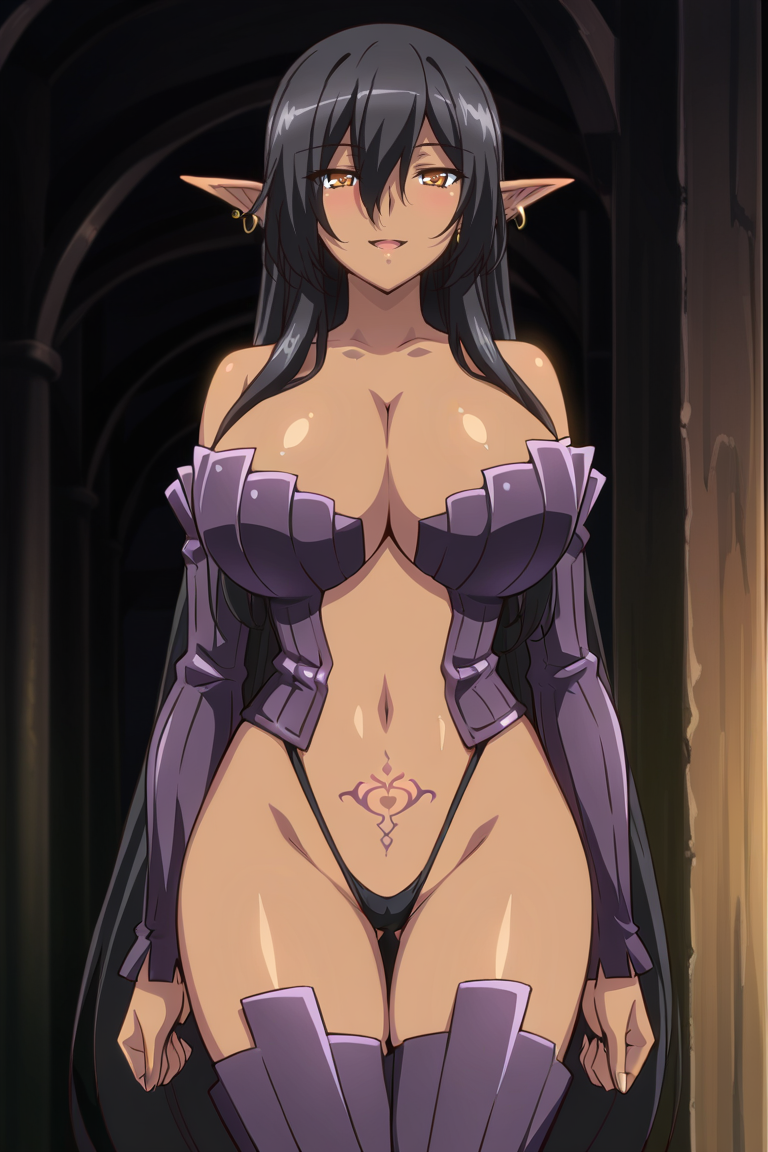 masterpiece, best quality, ,source_anime, , , 1girl, pubic tattoo, solo, dark-skinned female, dark skin, breasts, , , , long hair,  black hair, thighhighs, very long hair, ,  , huge breasts,, detached sleeves, navel, brown eyes, earrings , pointy ears, elf, dark elf ,  , smile, open mouth