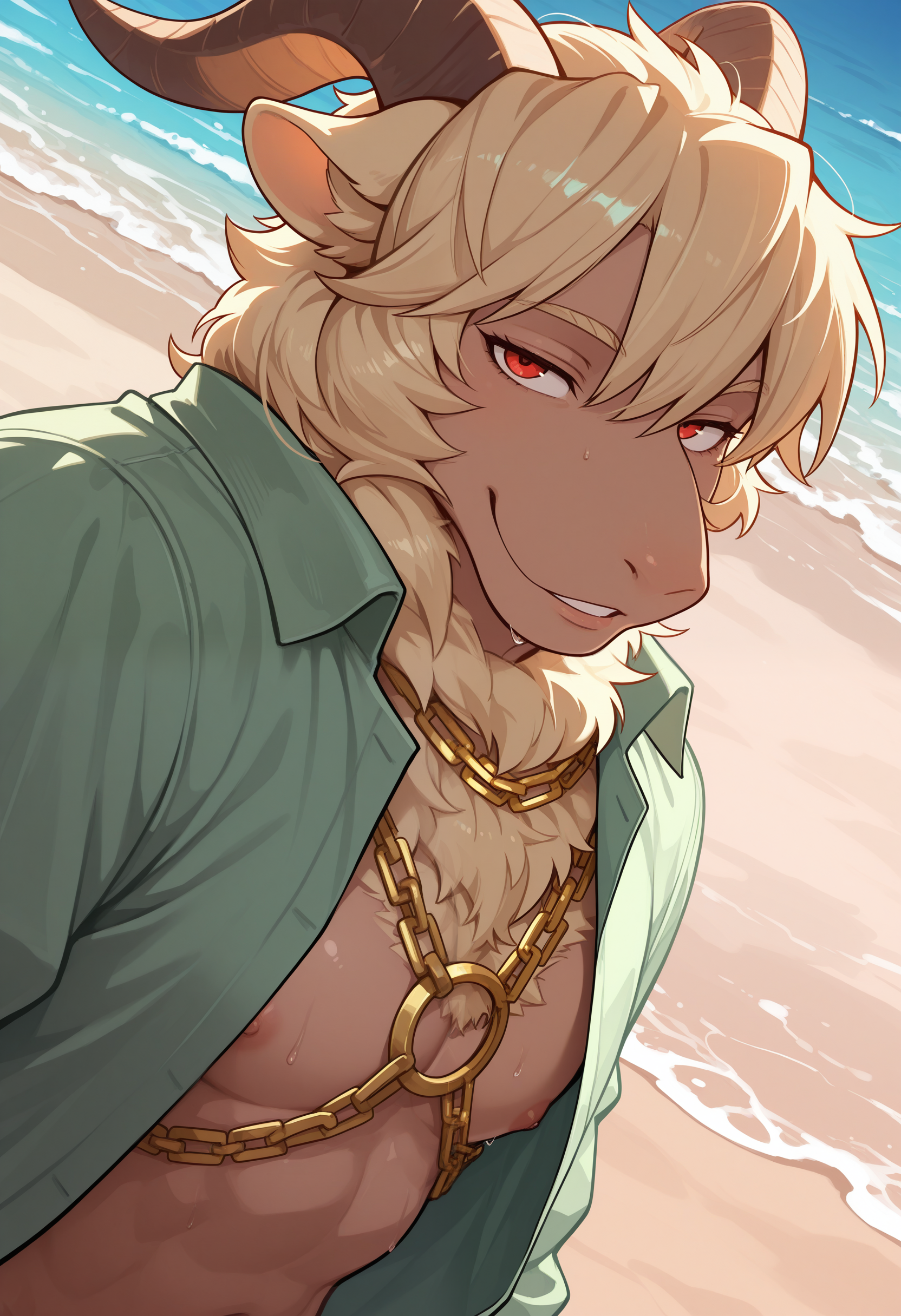 masterpiece,best quality,amazing quality, 1boy, solo,4z4zel, goat boy, open green shirt, gold chest strap, close up, side angle, glowing red eyes, seductive gaze,  outdoors, beach,
