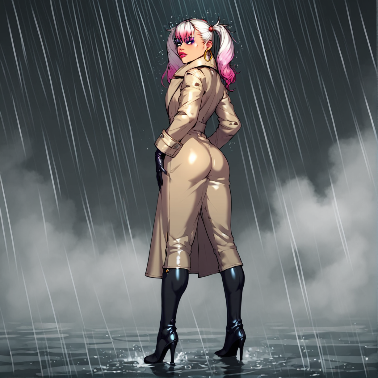 <lora:Dmitrys_Style_v2_PonyXL:0.8>, by dmitrys, dmitrys, score_9, score_8_up, score_7_up, score_6_up, score_5_up, score_4_up, source_anime, source_cartoon, rating_safe, 1girl,  boots, coat, dyed-hair, eyeshadow, gloves, high heel boots, hoop earrings, lipstick, makeup, female, trenchcoat, twintails,  detailed background, in a rain shower, hand on own butt