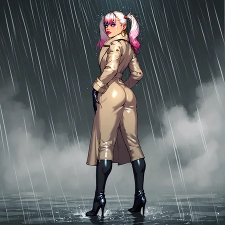<lora:Dmitrys_Style_v2_PonyXL:0.8>, by dmitrys, dmitrys, score_9, score_8_up, score_7_up, score_6_up, score_5_up, score_4_up, source_anime, source_cartoon, rating_safe, 1girl, boots, coat, dyed-hair, eyeshadow, gloves, high heel boots, hoop earrings, lipstick, makeup, female, trenchcoat, twintails, detailed background, in a rain shower, hand on own butt