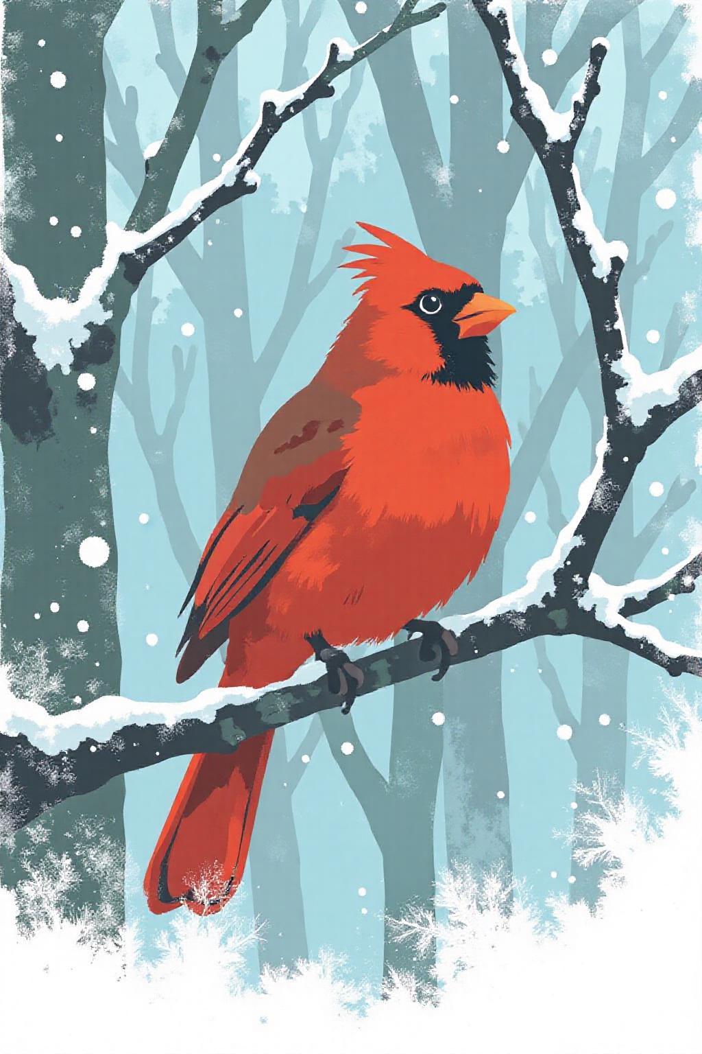 i11ustmin Illustration of a red cardinal perched on a branch during a snowstorm <lora:minimalist_flat_nocap_nbm:1.0> <lora:Flux-Sch-SingleBlocks-BF16:1.0><lora:797952946185738009:0>