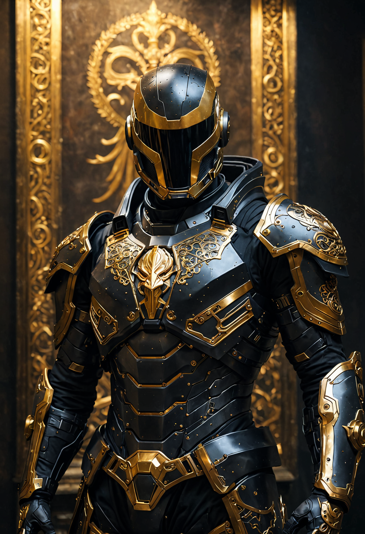 texture the image portrays a meticulously crafted painting of a futuristic soldier, standing in a dimly lit room. the soldier is adorned in intricate armor made of black metal, with gold accents and wiring visible beneath the surface. his helmet, which appears to be a part of his suit, covers his face completely, giving him an imposing presence. a large gun rests on his shoulder, ready for action. the stark contrast between the dark suit and the gold accents adds depth to the painting, making it visually appealing while also hinting at the complexity of the soldier's equipment. top down close up, energy, molecular, textures, iridescent and luminescent scales, breathtaking beauty, pure perfection, divine presence, unforgettable, impressive, breathtaking beauty, Volumetric light, auras, rays, vivid colors reflects, cinematic shot, crispy clear, sharp focus