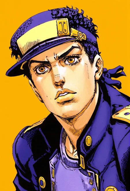 best quality,  jotaro kujo with serious face expression , yellow background,   by araki hirohiko, <lora:araki_hirohiko-000009:0.7>