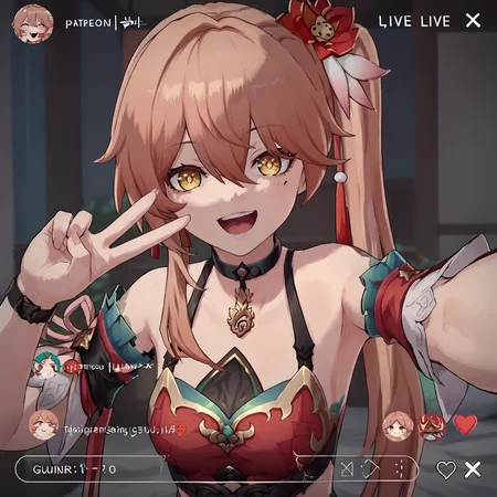 score_9, score_8_up, score_7_up, score_6_up, score_5_up, source_anime,
<lora:guinaifen.pony:1>, guinaifen, side ponytail, long hair, happy,
<lora:Livestream_LoRa__PonyXL:0.8>, livestream, user interface, selfie,
peace,
